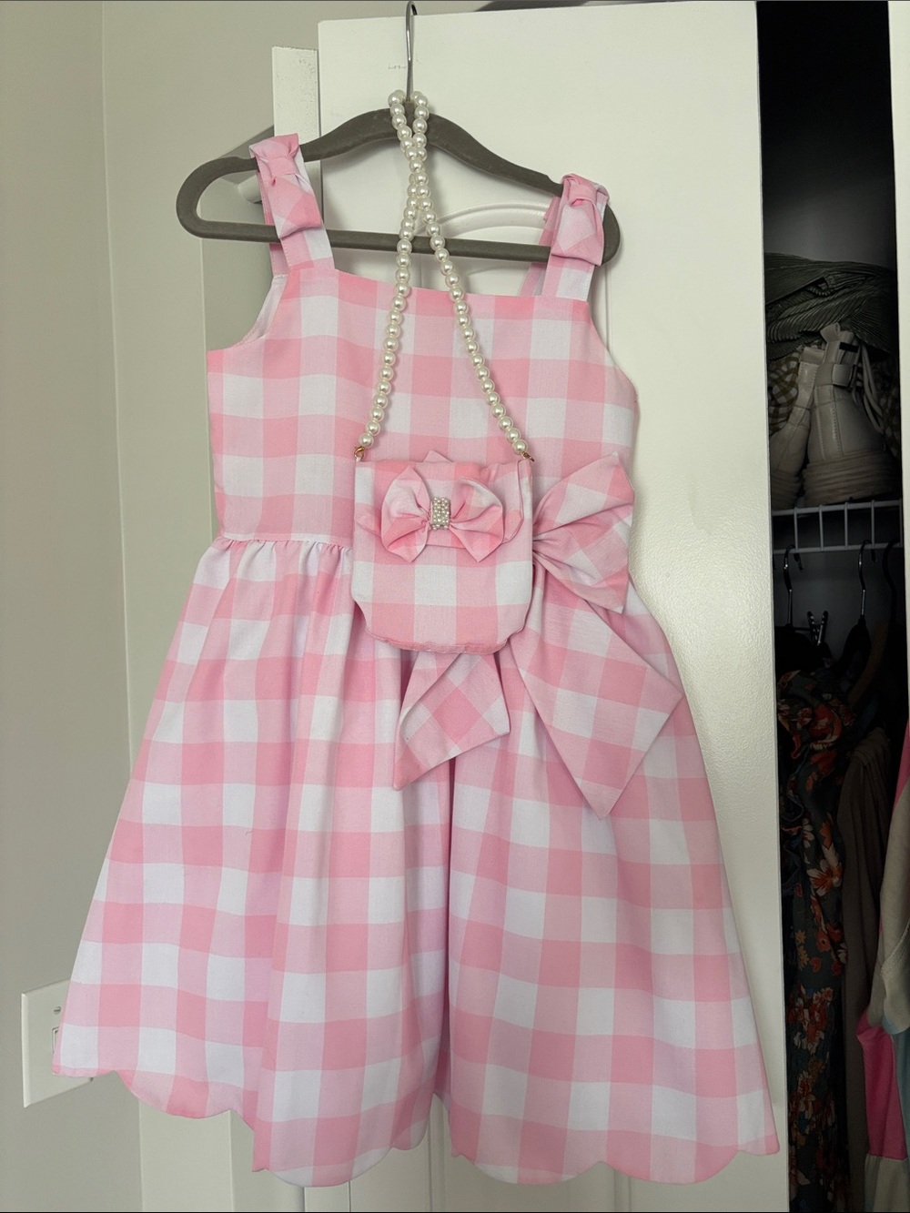 Rare Editions Pink and White Gingham Dress with Bow and Purse